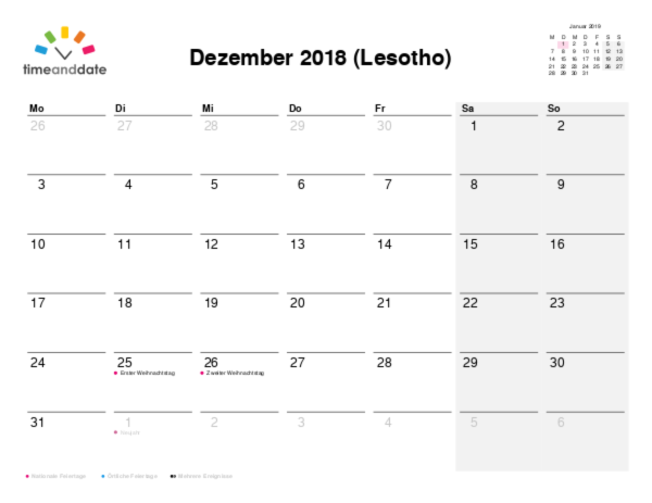 Kalender für 2018 in Lesotho