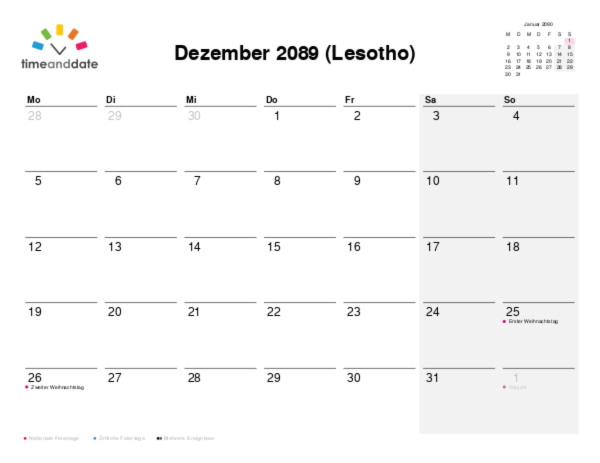 Kalender für 2089 in Lesotho