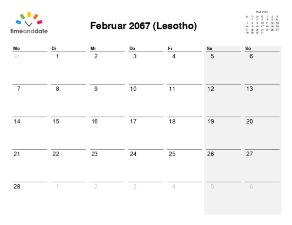 Kalender für 2067 in Lesotho
