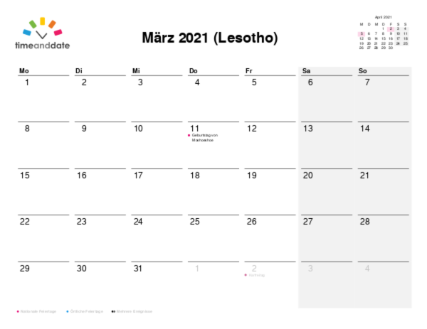 Kalender für 2021 in Lesotho
