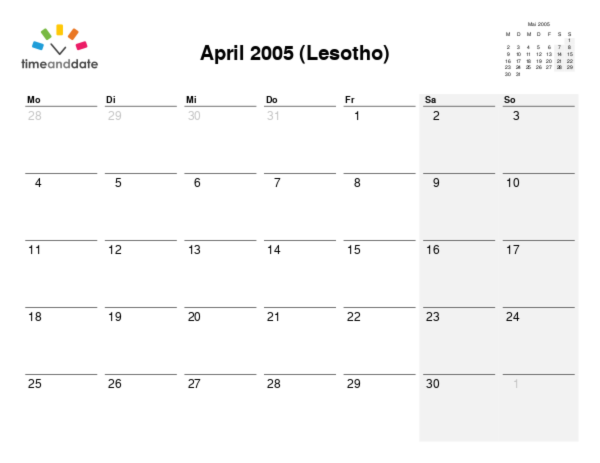 Kalender für 2005 in Lesotho