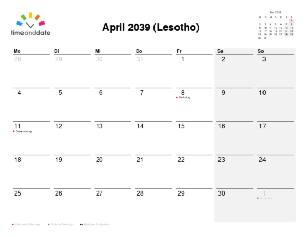 Kalender für 2039 in Lesotho
