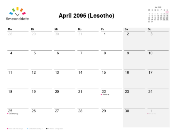 Kalender für 2095 in Lesotho