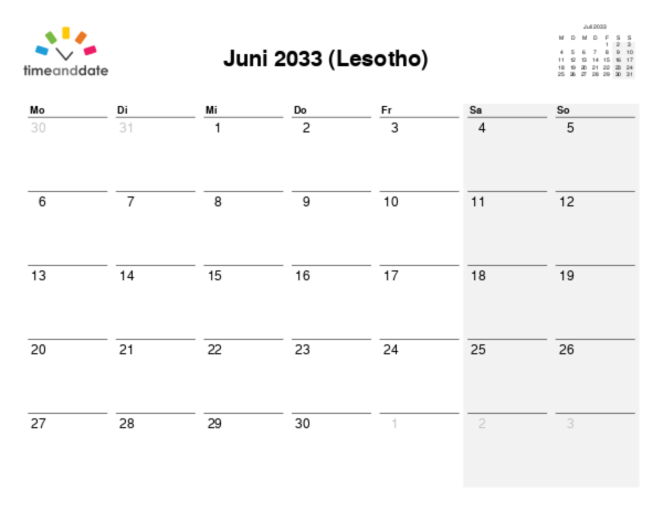 Kalender für 2033 in Lesotho
