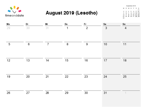 Kalender für 2019 in Lesotho
