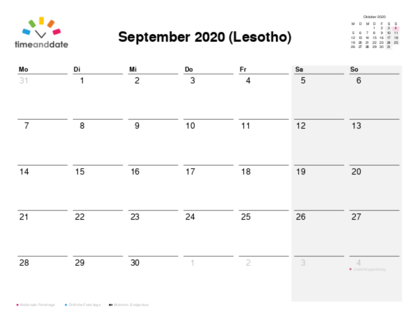 Kalender für 2020 in Lesotho