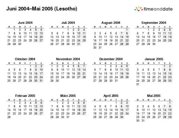 Kalender für 2004 in Lesotho