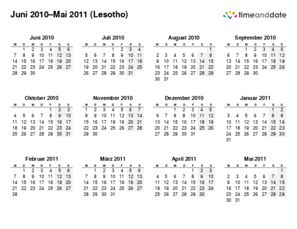 Kalender für 2010 in Lesotho