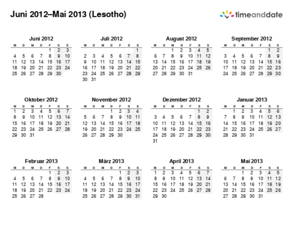 Kalender für 2012 in Lesotho