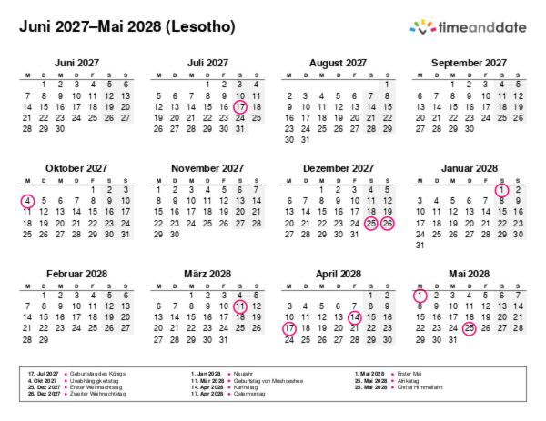 Kalender für 2027 in Lesotho
