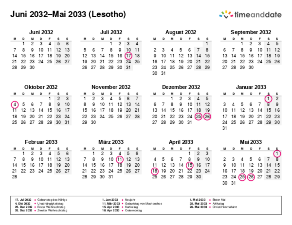 Kalender für 2032 in Lesotho