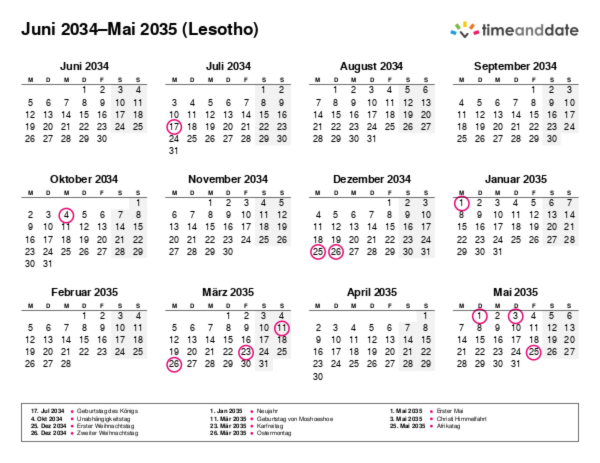 Kalender für 2034 in Lesotho