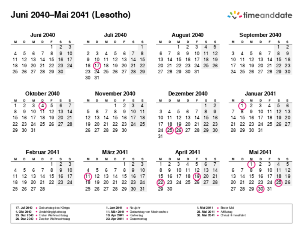 Kalender für 2040 in Lesotho