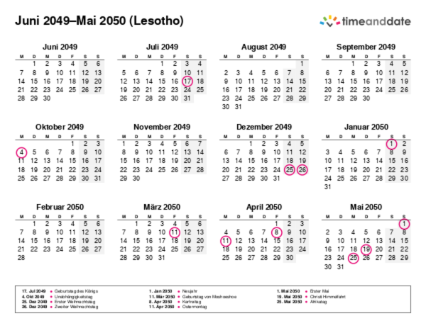 Kalender für 2049 in Lesotho