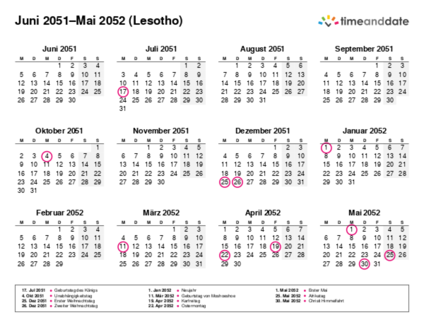 Kalender für 2051 in Lesotho
