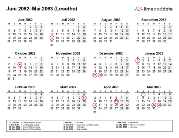 Kalender für 2062 in Lesotho