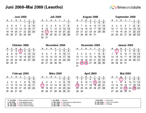 Kalender für 2068 in Lesotho