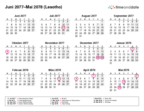 Kalender für 2077 in Lesotho