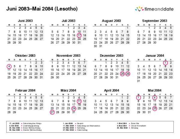 Kalender für 2083 in Lesotho