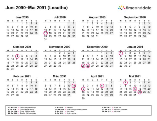 Kalender für 2090 in Lesotho