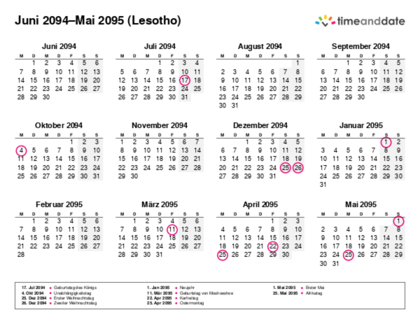 Kalender für 2094 in Lesotho