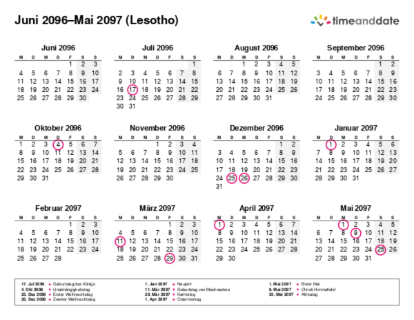 Kalender für 2096 in Lesotho