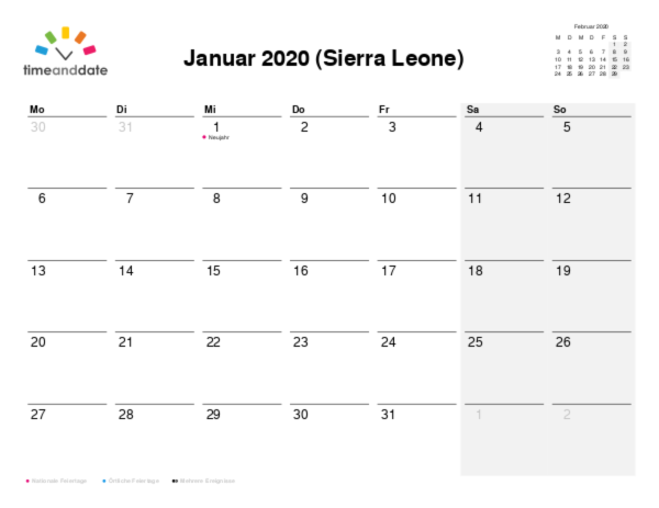 Kalender für 2020 in Sierra Leone