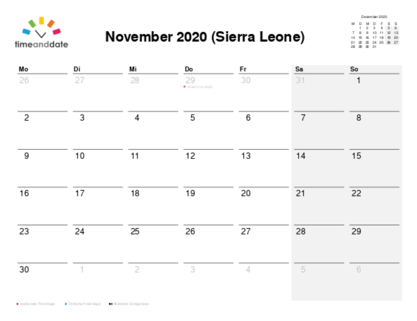 Kalender für 2020 in Sierra Leone