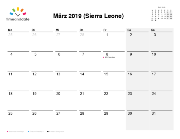 Kalender für 2019 in Sierra Leone