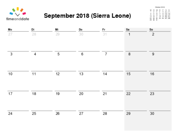 Kalender für 2018 in Sierra Leone