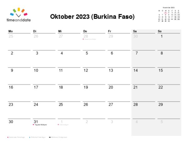 Kalender für 2023 in Burkina Faso
