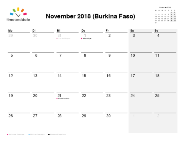 Kalender für 2018 in Burkina Faso
