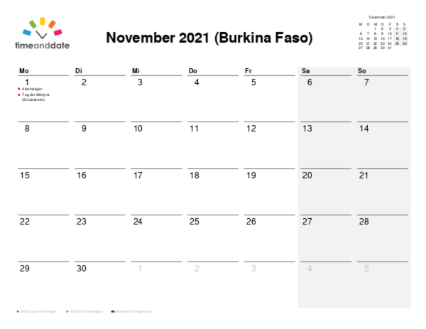 Kalender für 2021 in Burkina Faso