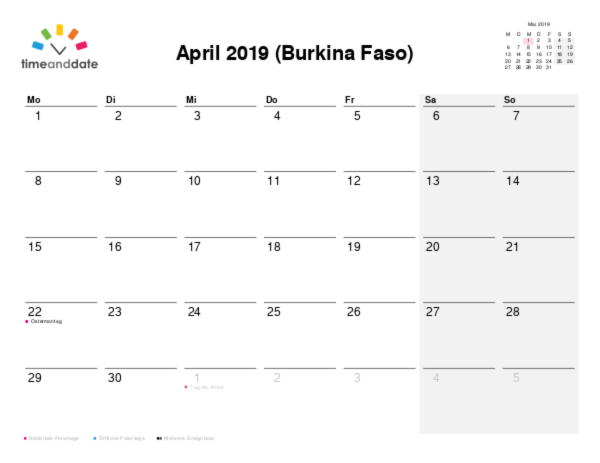 Kalender für 2019 in Burkina Faso