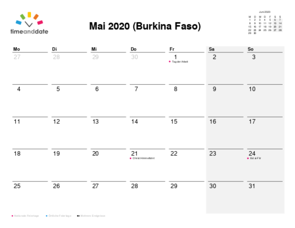 Kalender für 2020 in Burkina Faso
