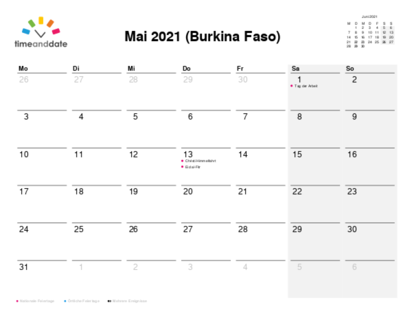 Kalender für 2021 in Burkina Faso