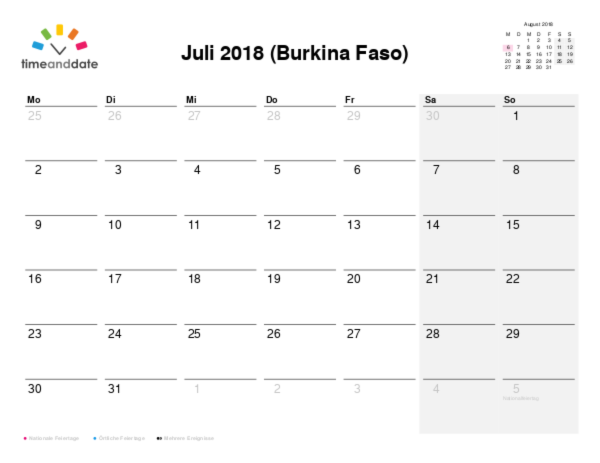 Kalender für 2018 in Burkina Faso