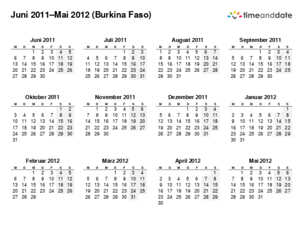 Kalender für 2011 in Burkina Faso