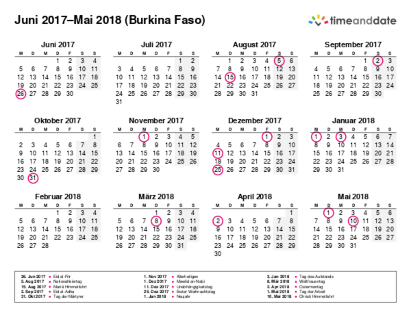 Kalender für 2017 in Burkina Faso