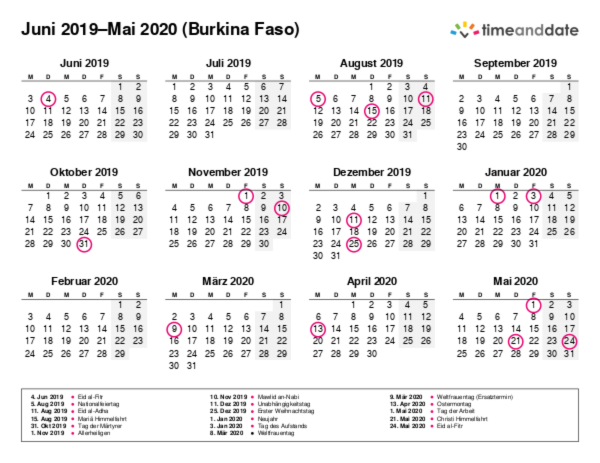 Kalender für 2019 in Burkina Faso