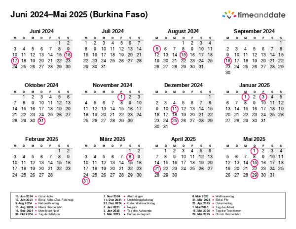 Kalender für 2024 in Burkina Faso