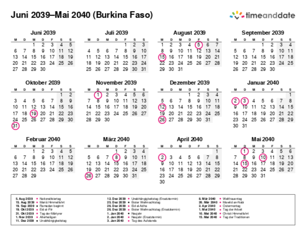 Kalender für 2039 in Burkina Faso