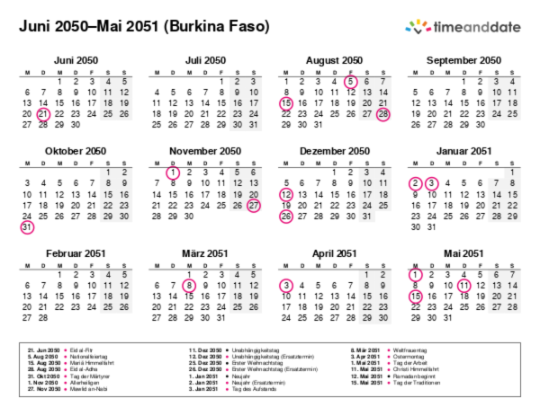 Kalender für 2050 in Burkina Faso