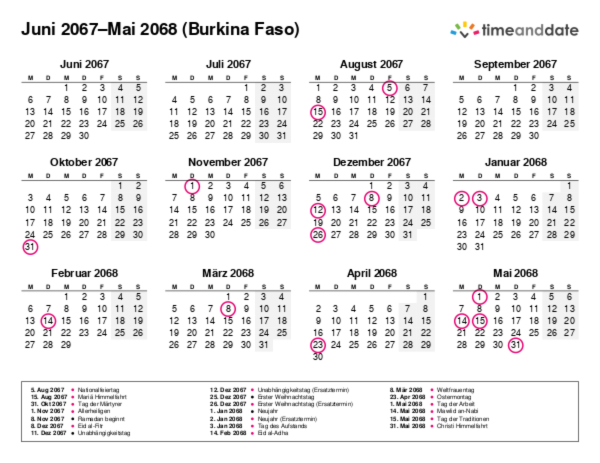 Kalender für 2067 in Burkina Faso