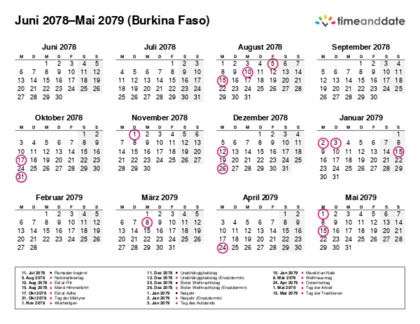 Kalender für 2078 in Burkina Faso