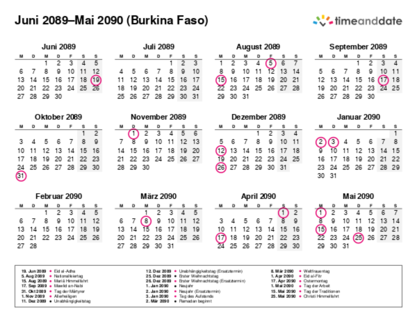 Kalender für 2089 in Burkina Faso