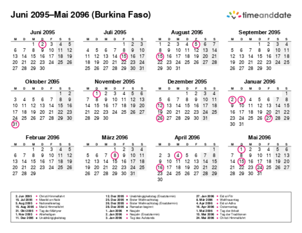 Kalender für 2095 in Burkina Faso