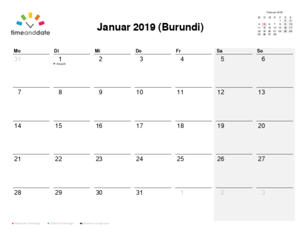 Kalender für 2019 in Burundi