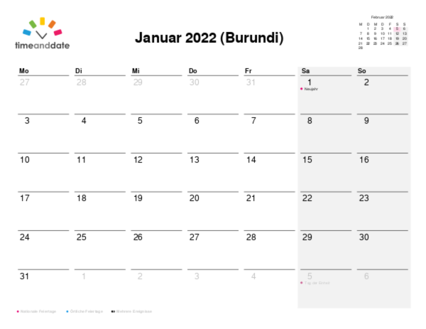 Kalender für 2022 in Burundi
