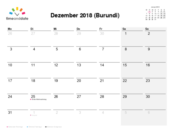 Kalender für 2018 in Burundi